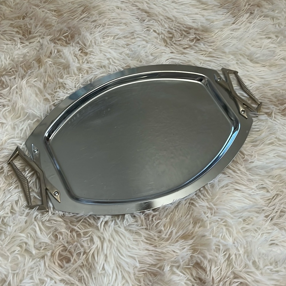 Vintage Kromex Oval Tray Chrome Silver Tone Gold/Brass Ornamental Handles